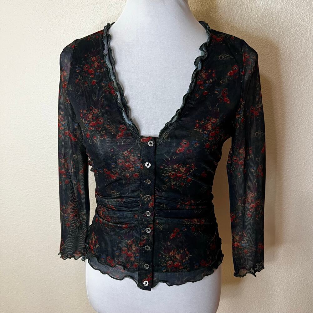 Natural Life dark floral mesh button front cropped blouse NEW SMALL